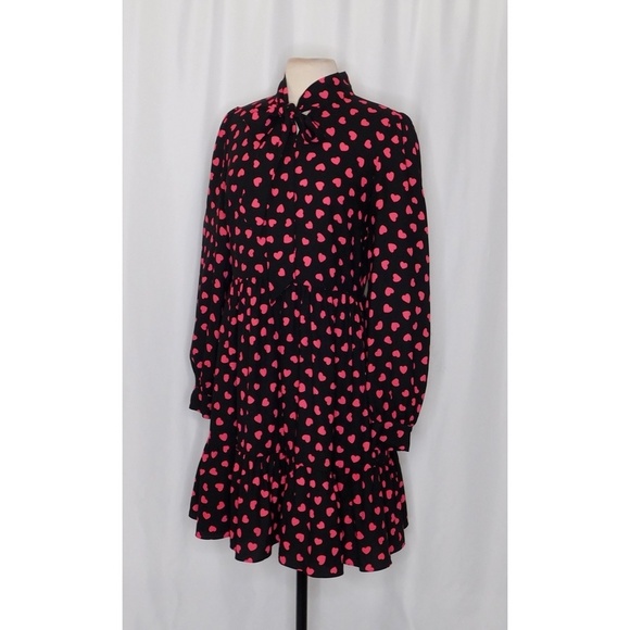 KATE SPADE New York Heartbeat Tie Neck Shirtdress Black Pink Hearts Heart 10 - Picture 6 of 14